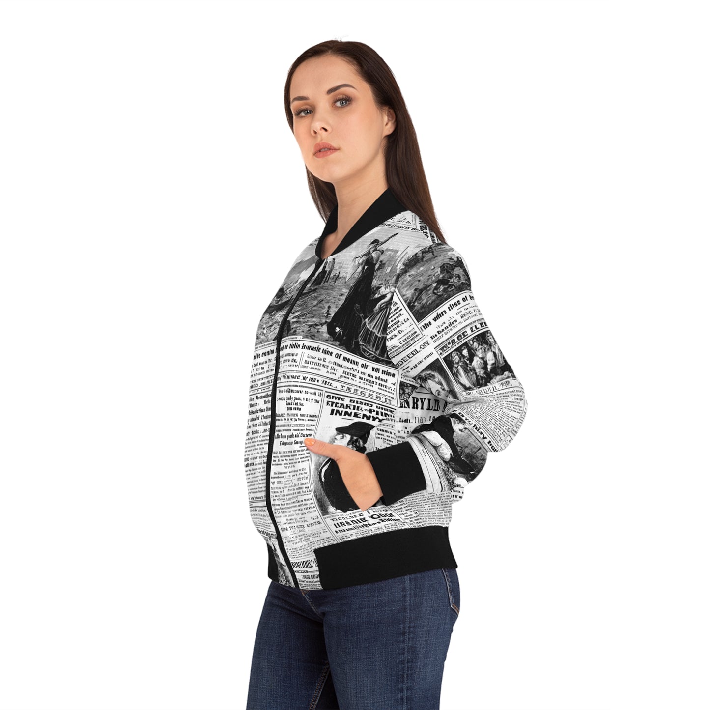 Vintage Newspaper Print Bomber Jacket