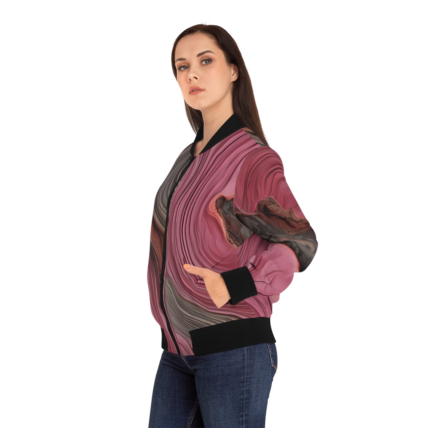 Rose Wood Grain Print Bomber Jacket