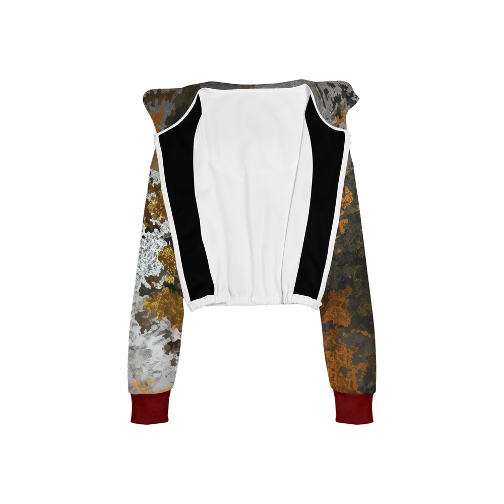 Gold, Silver & Bronze Camouflage Print Cropped Zip Hoodie With Dark Red Cuffs (Super Heavy)