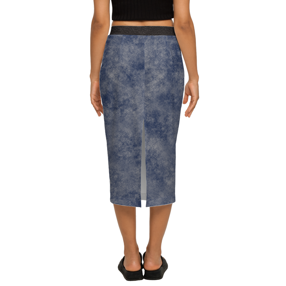 Washed Out Denim Print + Leather Print Back Split Pencil Skirt (Heavy Knit)