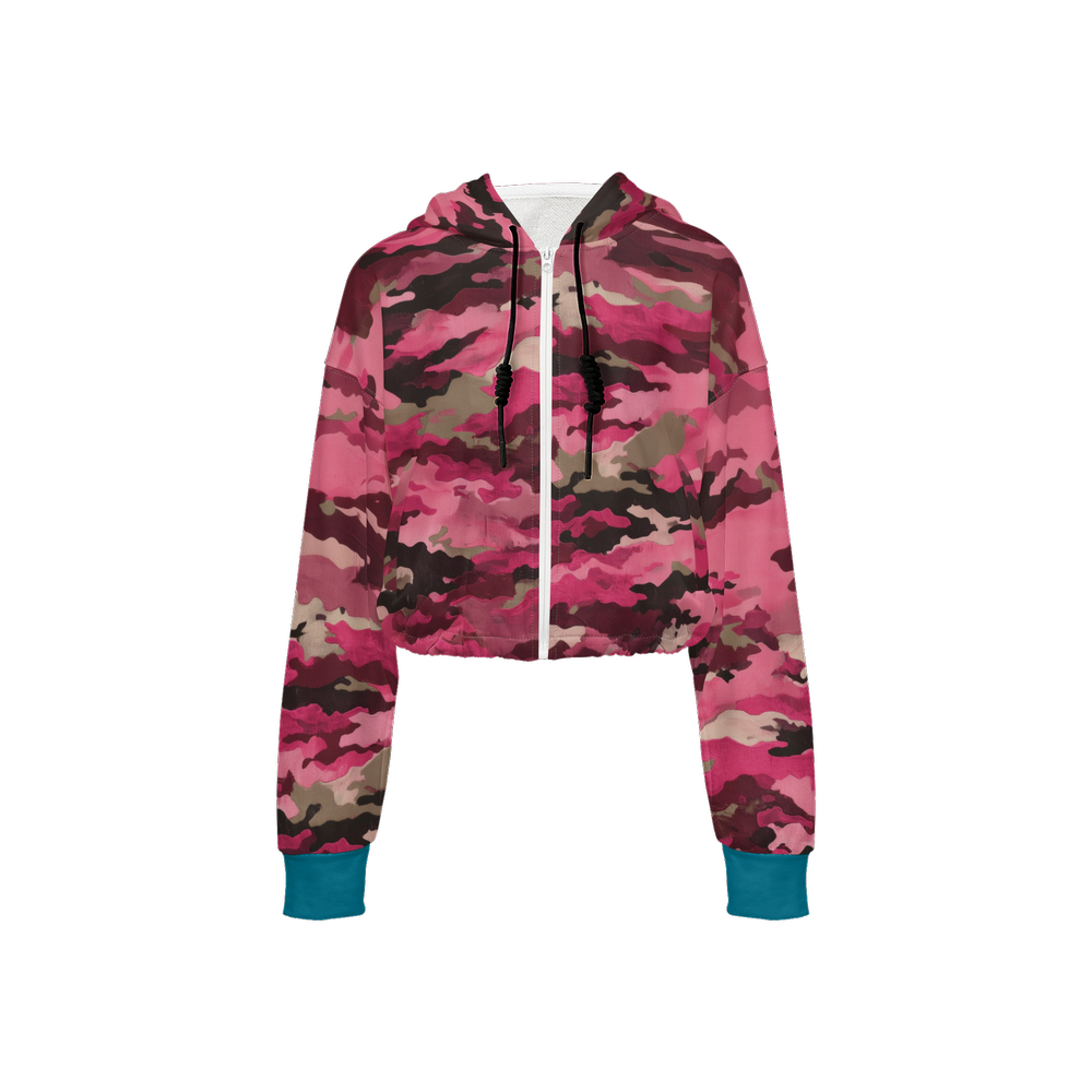 Pink Camouflage Cropped Zip Hoodie With Turquoise Blue Cuffs (Super Heavy)