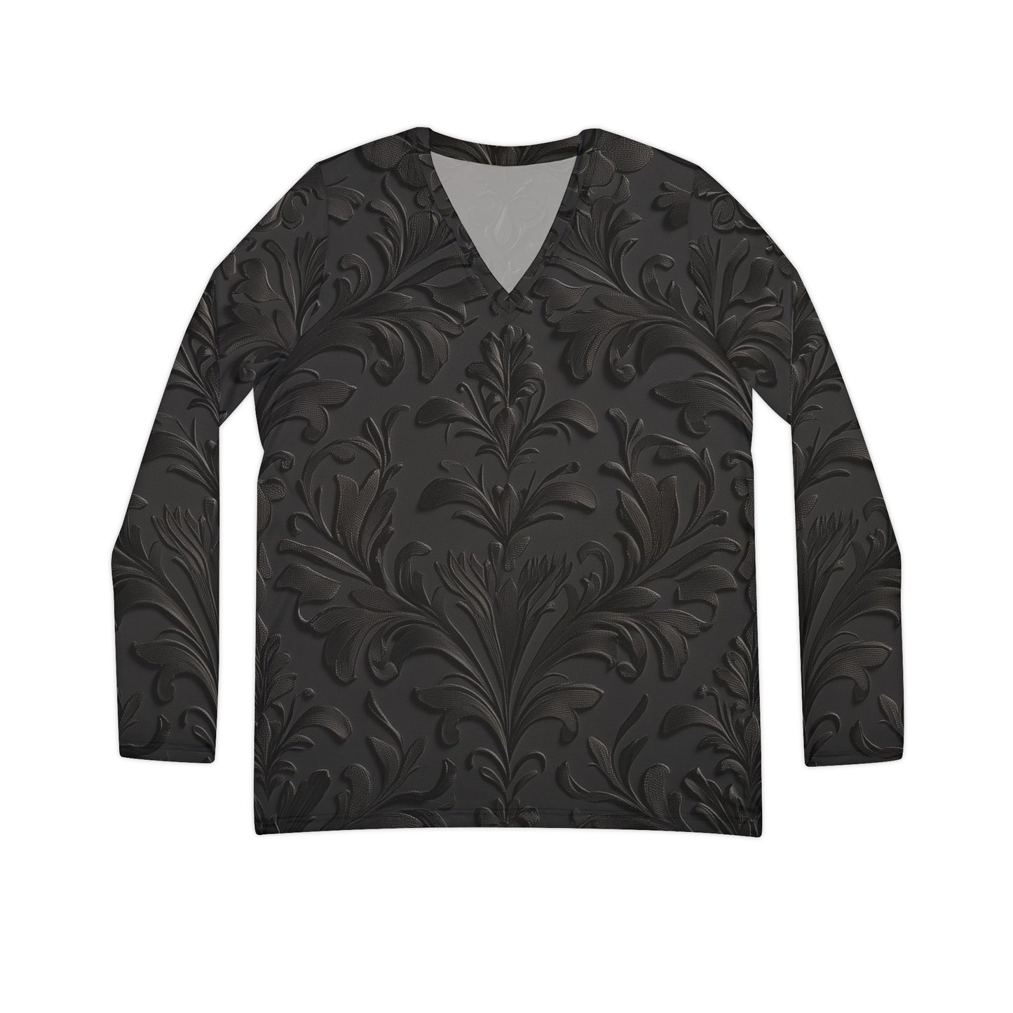 Damask Print Long Sleeve V-neck Shirt
