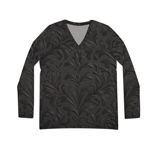 Damask Print Long Sleeve V-neck Shirt