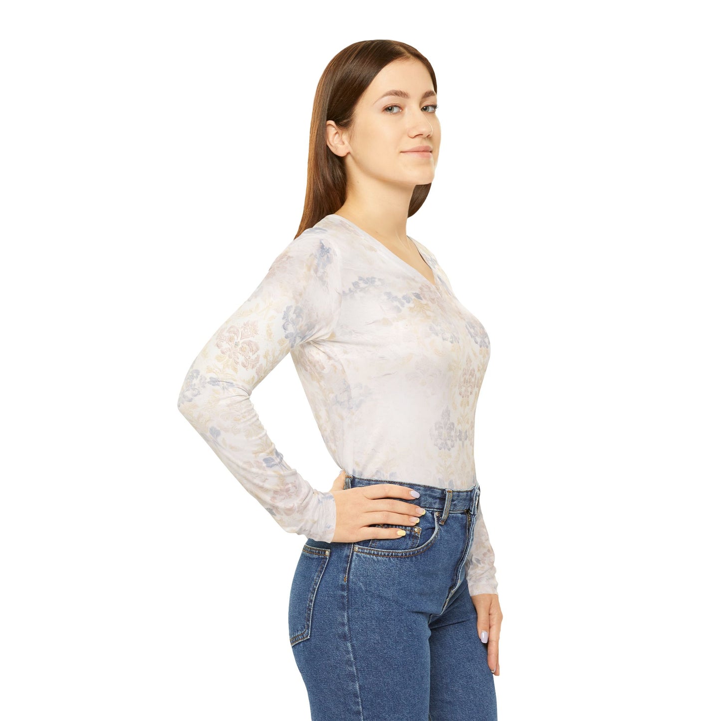 Faded Damask Wall Print V-Neck Top