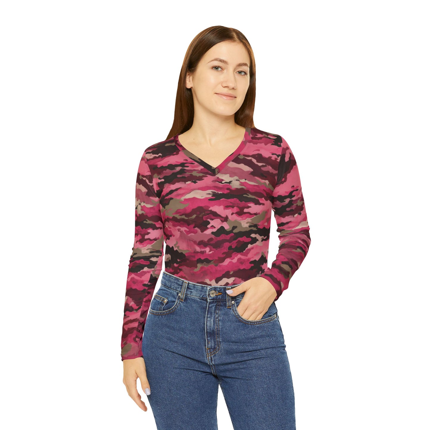 Pink Camouflage Print V-Neck Top