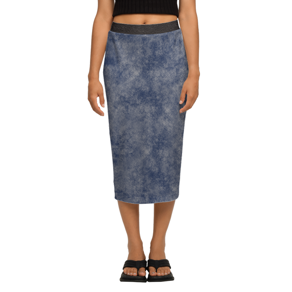 Washed Out Denim Print + Leather Print Back Split Pencil Skirt (Heavy Knit)