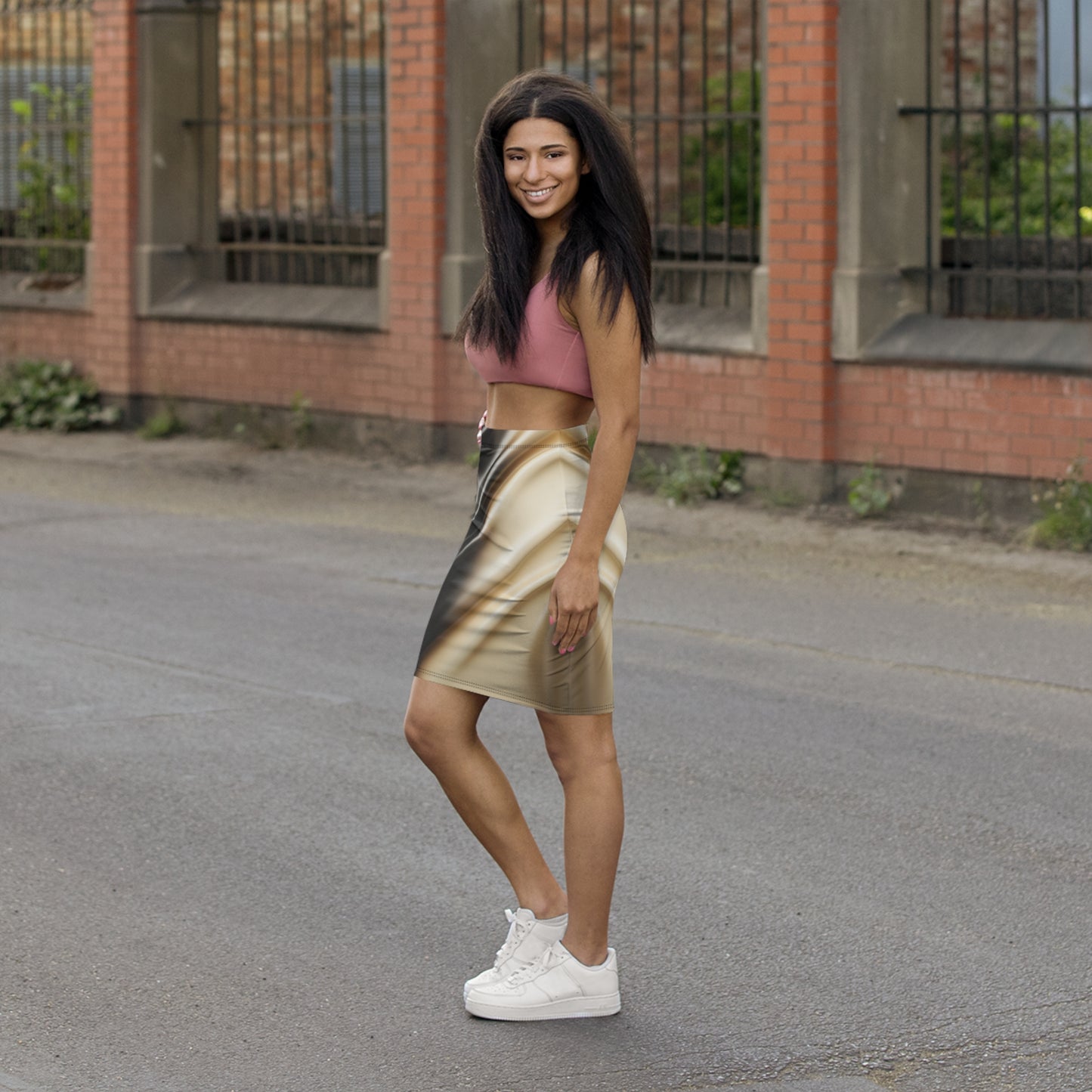 smaller Leather Print Mid-Waist Pencil Skirt  Satin Finish