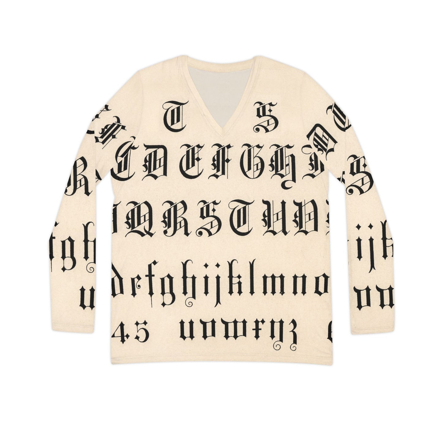 Gothic Inscription Long Sleeve V-neck Shirt