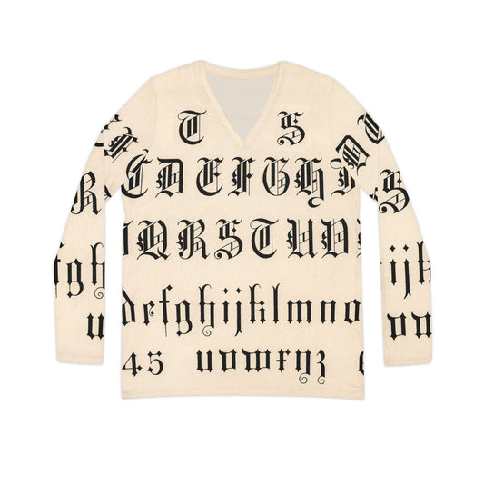 Gothic Inscription Long Sleeve V-neck Shirt