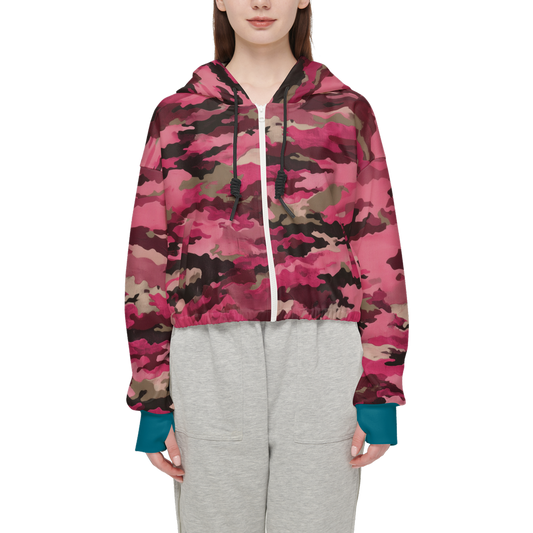 Pink Camouflage Cropped Zip Hoodie With Turquoise Blue Cuffs (Super Heavy)