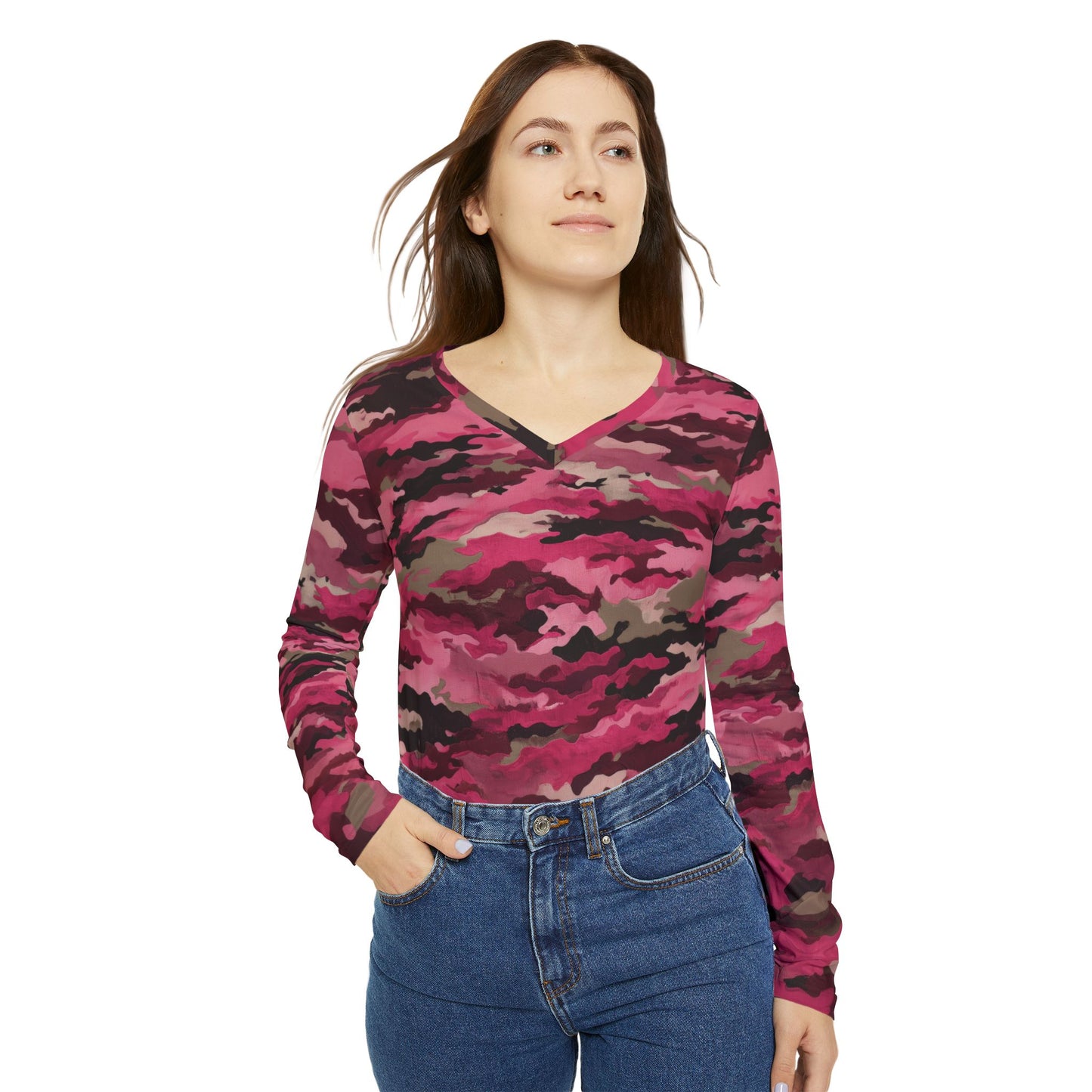 Pink Camouflage Print V-Neck Top