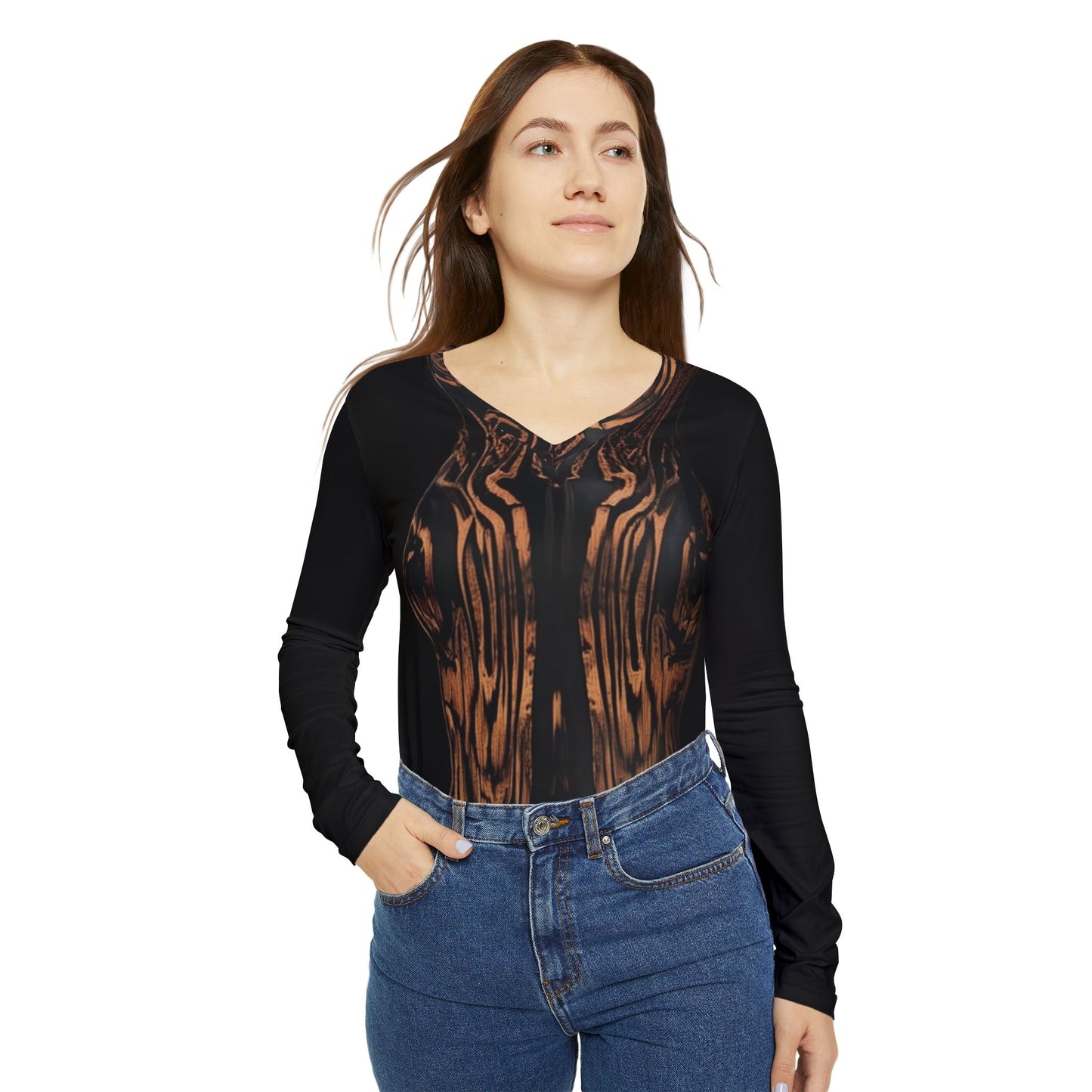 Wood Grain Body Print V-Neck Top