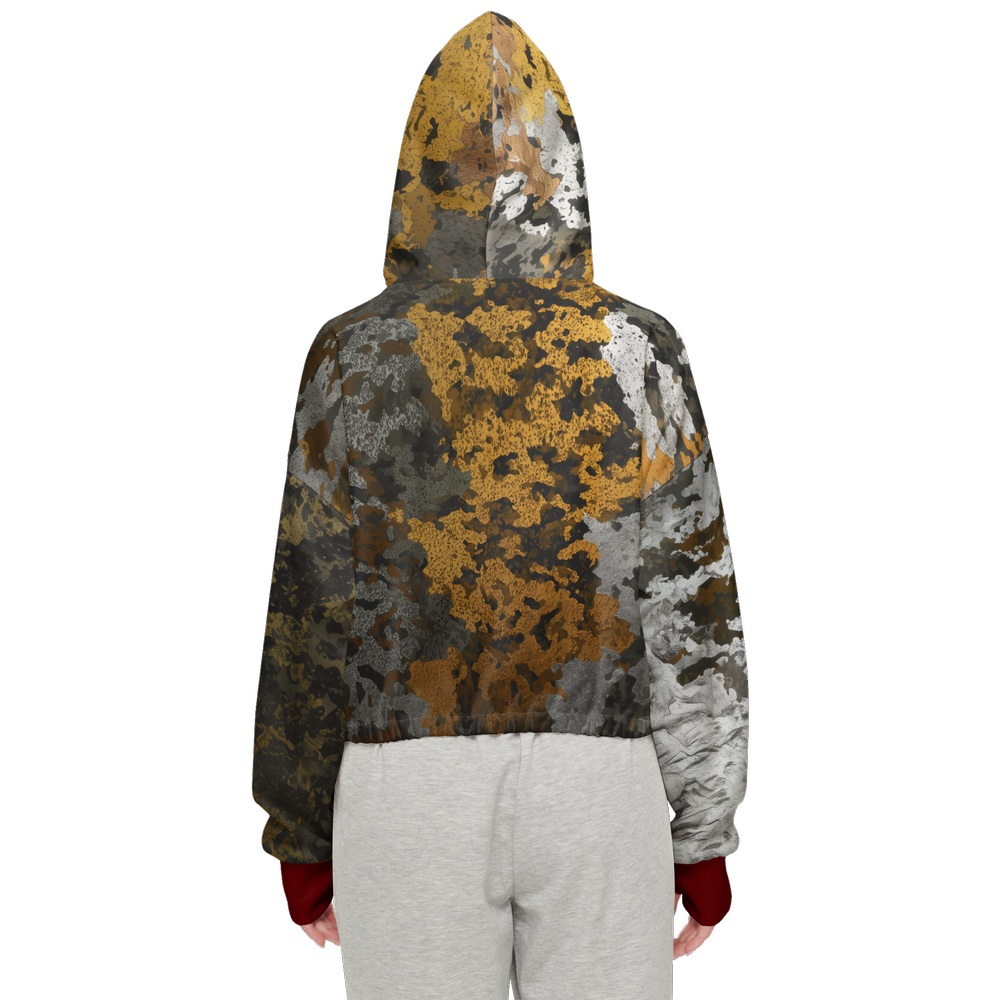 Gold, Silver & Bronze Camouflage Print Cropped Zip Hoodie With Dark Red Cuffs (Super Heavy)