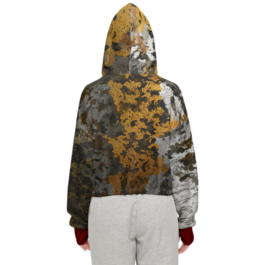 Gold, Silver & Bronze Camouflage Print Cropped Zip Hoodie With Dark Red Cuffs (Super Heavy)