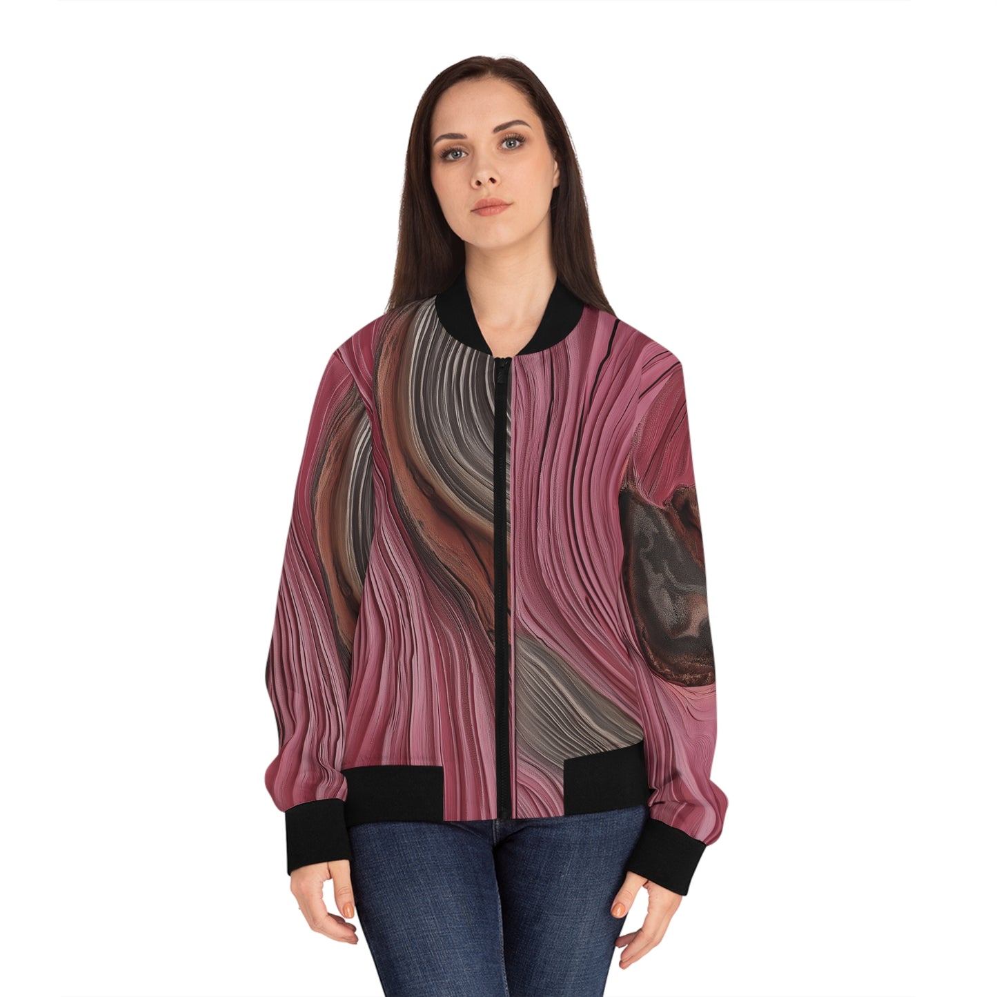 Rose Wood Grain Print Bomber Jacket