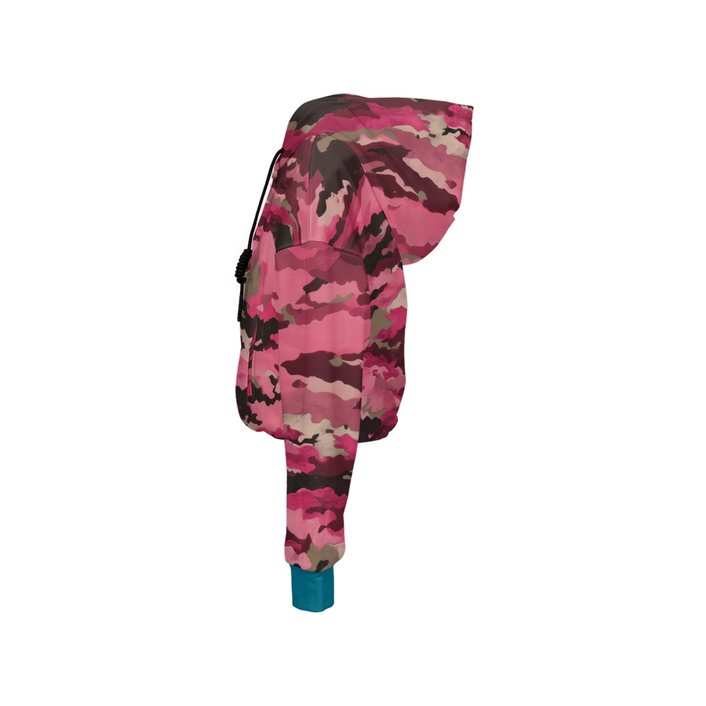 Pink Camouflage Cropped Zip Hoodie With Turquoise Blue Cuffs (Super Heavy)