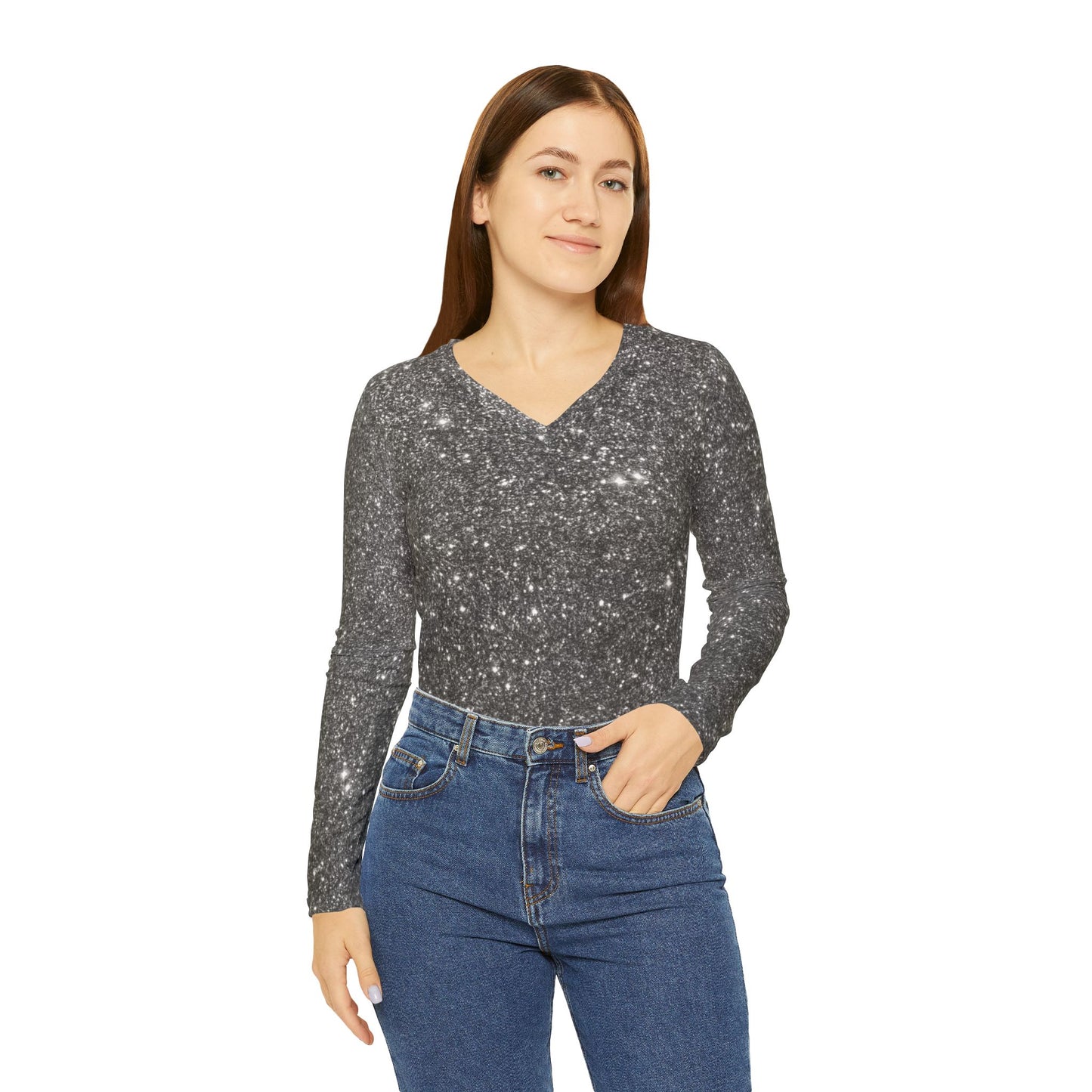 Shiny Long Sleeve V-neck Shirt