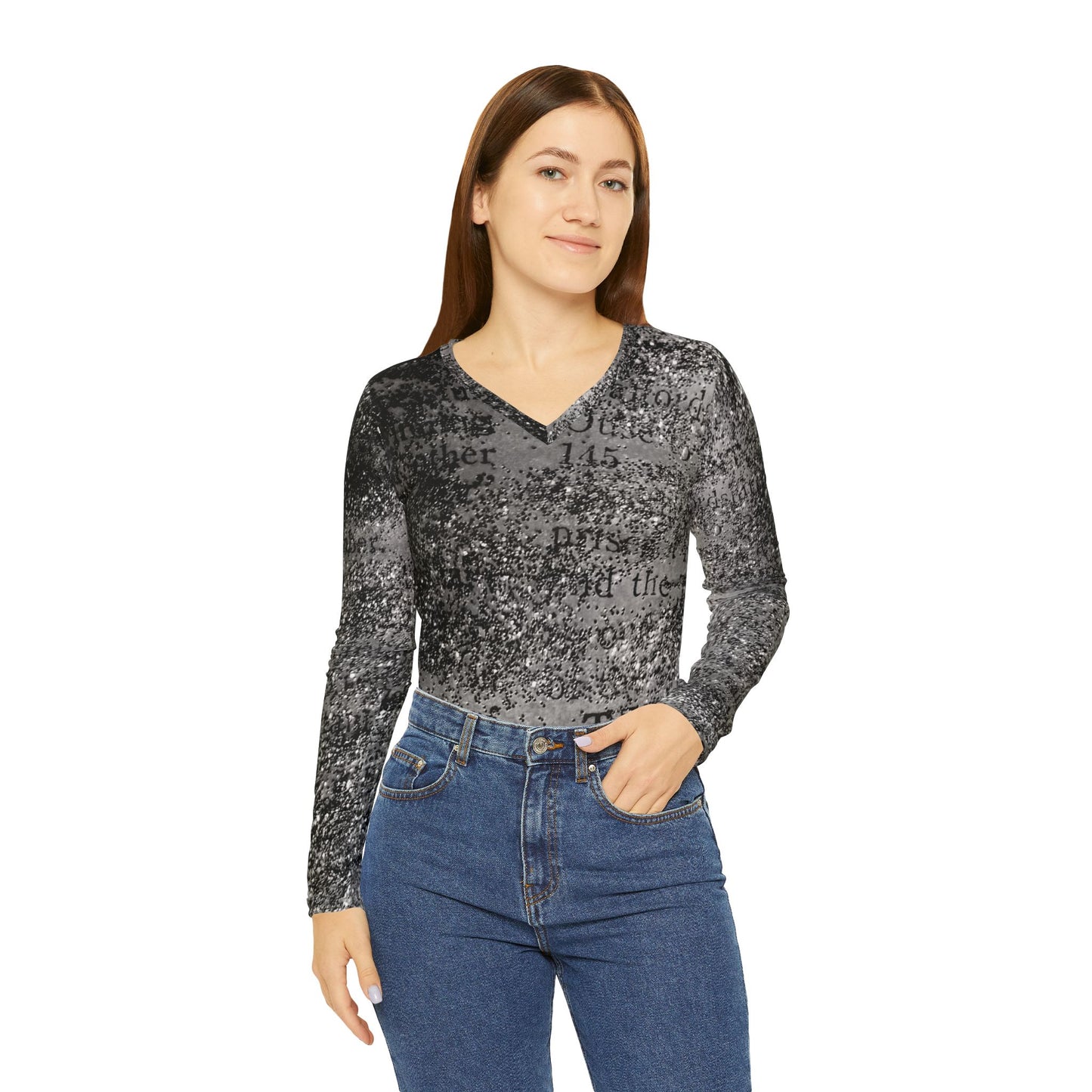 Glittered Inscription Long Sleeve V-neck Shirt