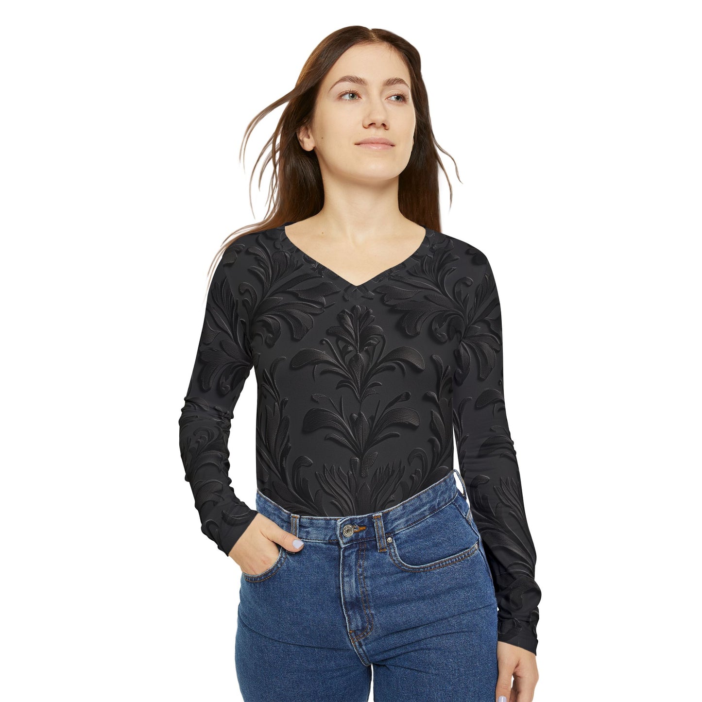 Damask Print Long Sleeve V-neck Shirt
