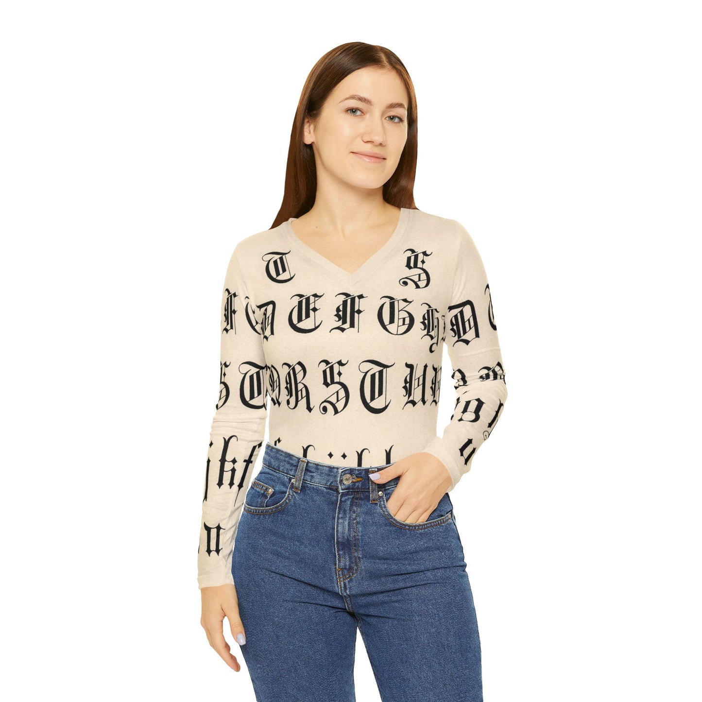 Gothic Inscription Long Sleeve V-neck Shirt