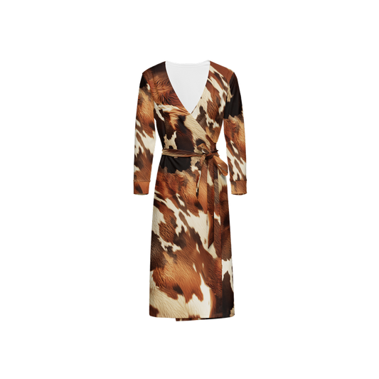 Cow Print ¾ Sleeve Wrap Dress (Heavy Knit)