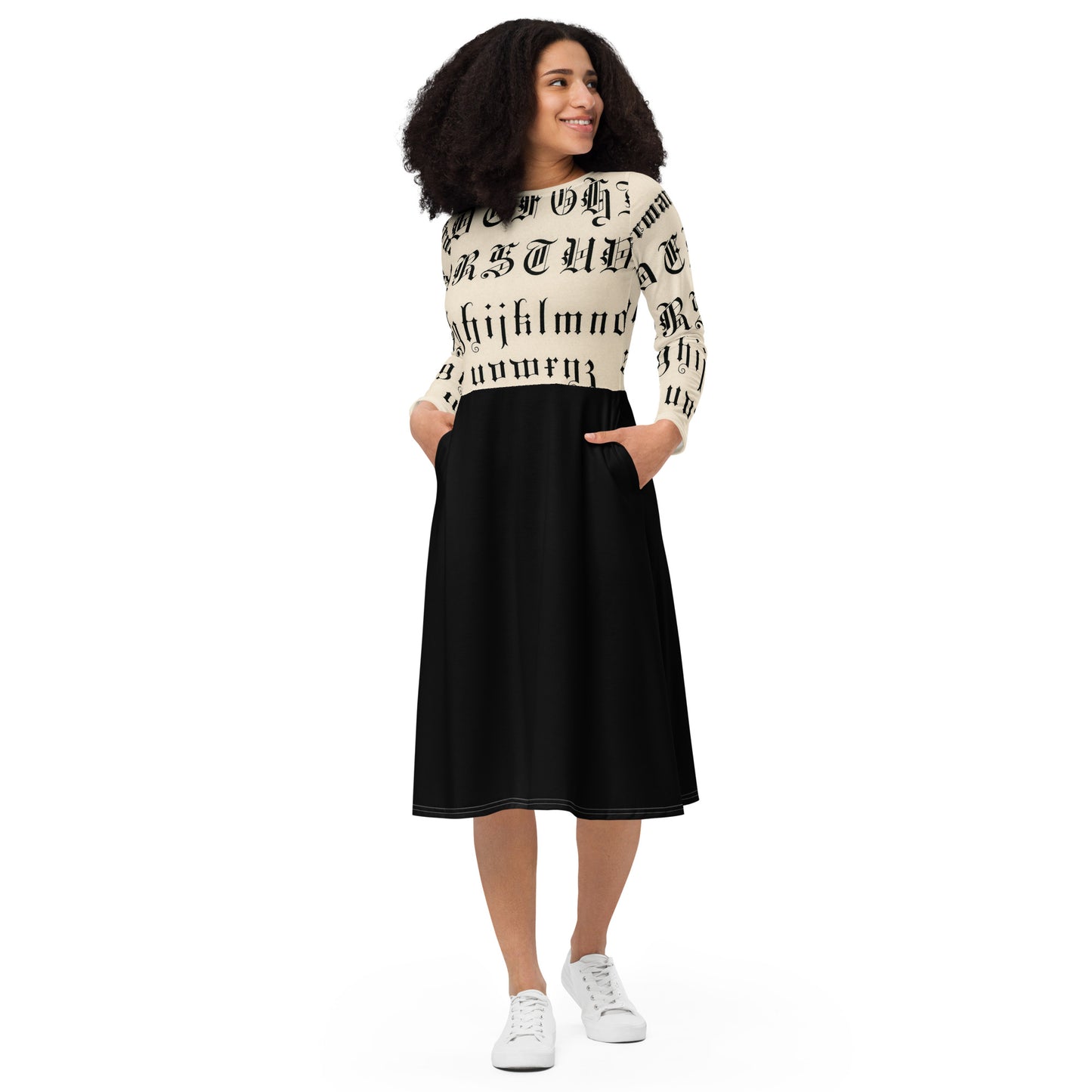 Gothic Inscription Long Sleeve Midi Dress