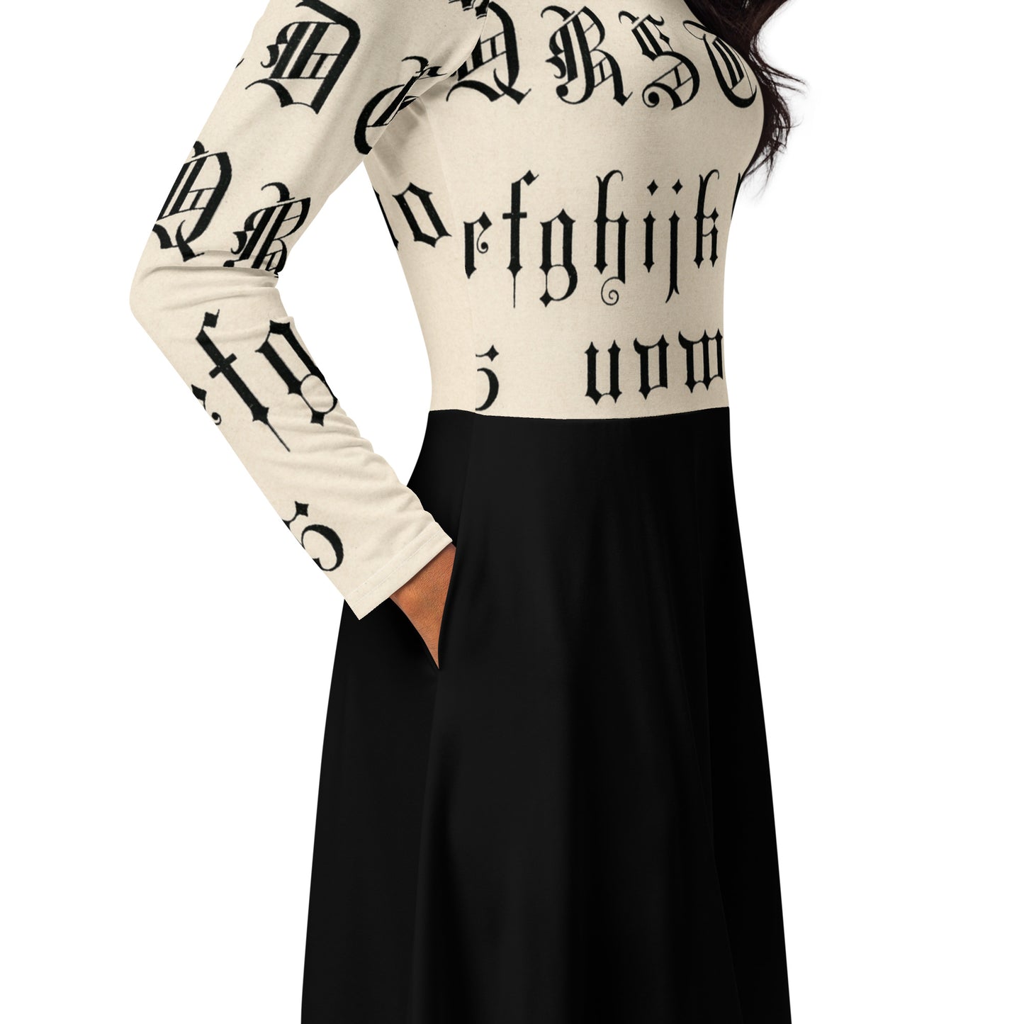 Gothic Inscription Long Sleeve Midi Dress