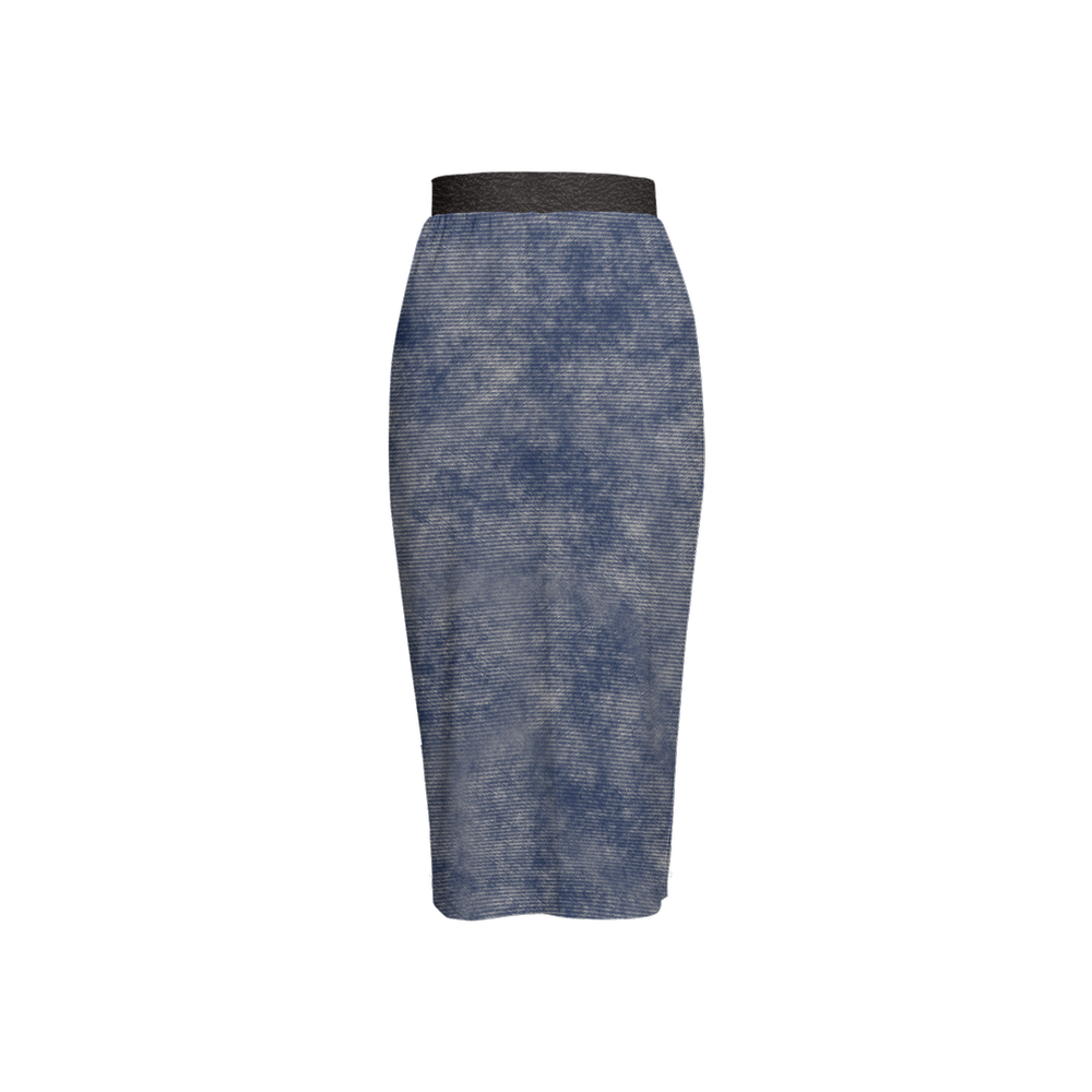 Washed Out Denim Print + Leather Print Back Split Pencil Skirt (Heavy Knit)