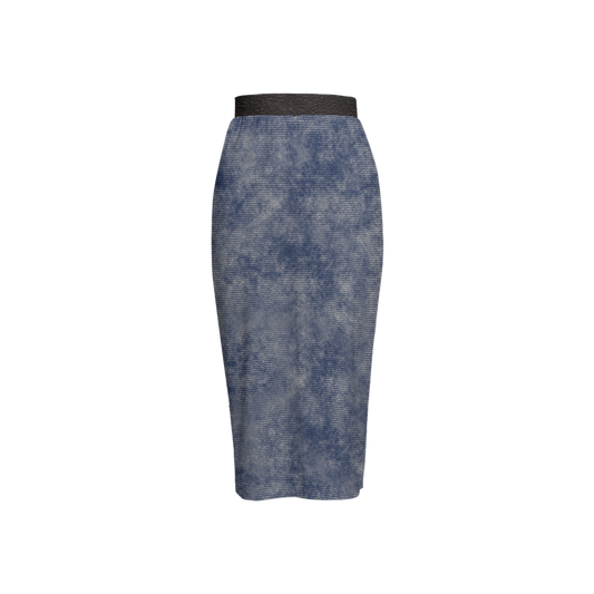 Washed Out Denim Print + Leather Print Back Split Pencil Skirt (Heavy Knit)