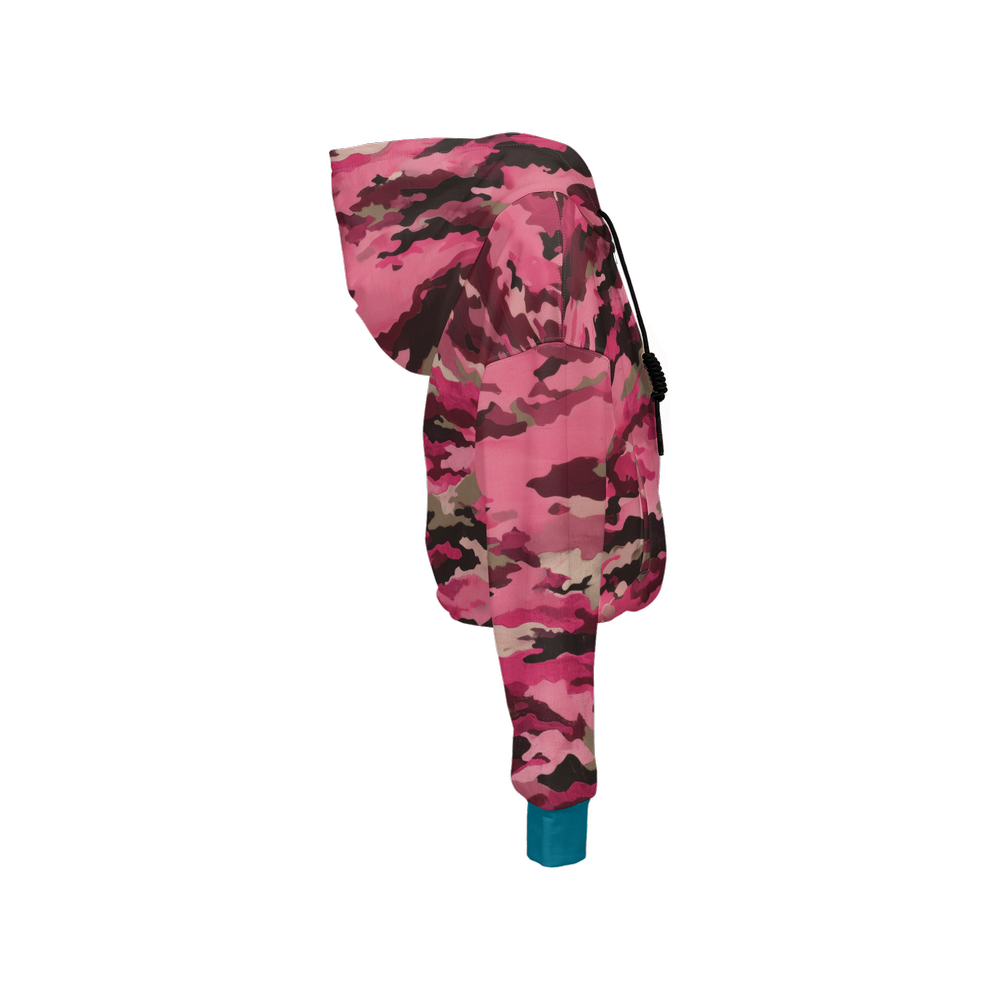 Pink Camouflage Cropped Zip Hoodie With Turquoise Blue Cuffs (Super Heavy)