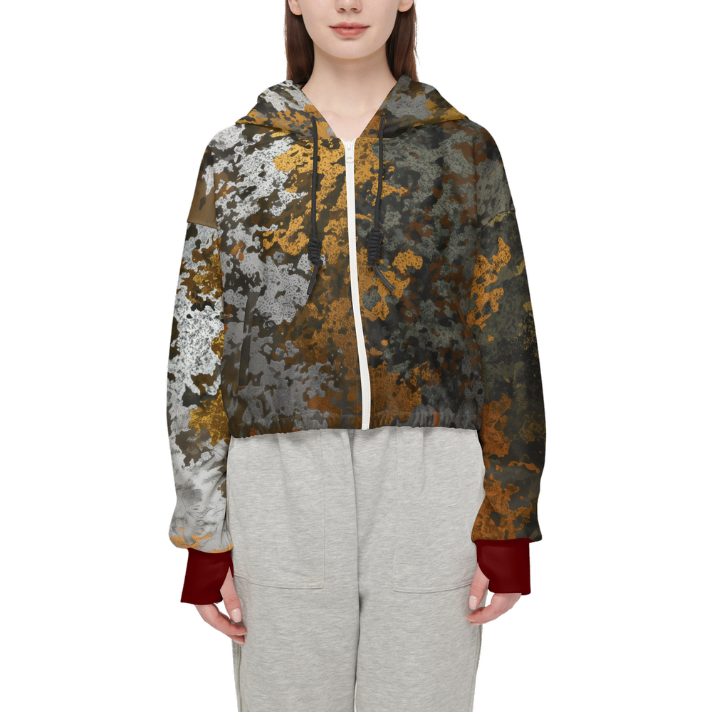 Gold, Silver & Bronze Camouflage Print Cropped Zip Hoodie With Dark Red Cuffs (Super Heavy)