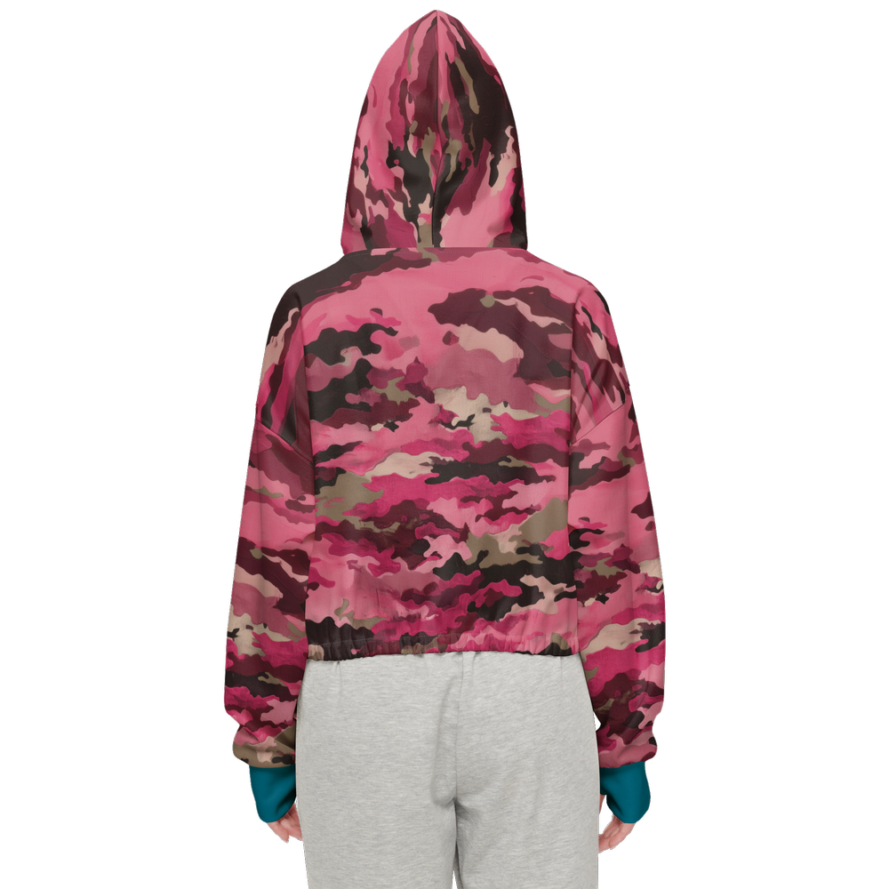 Pink Camouflage Cropped Zip Hoodie With Turquoise Blue Cuffs (Super Heavy)