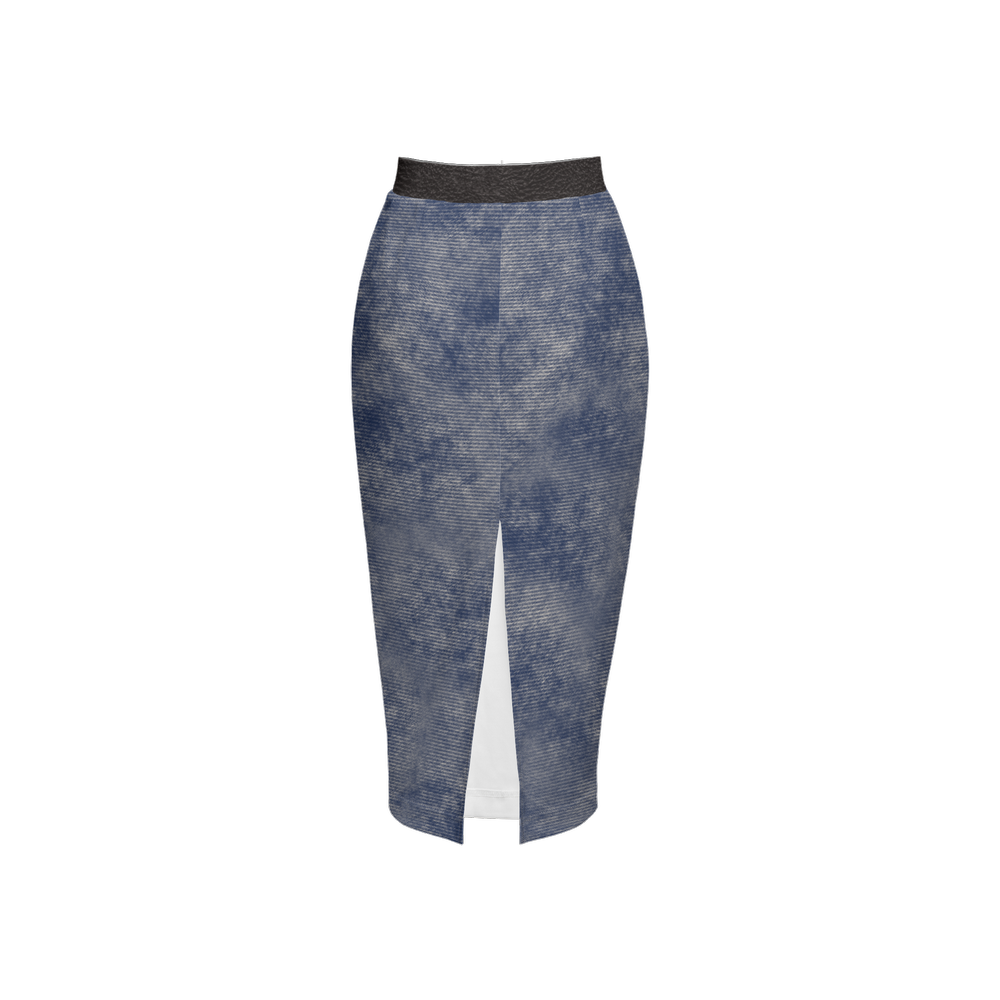 Washed Out Denim Print + Leather Print Back Split Pencil Skirt (Heavy Knit)