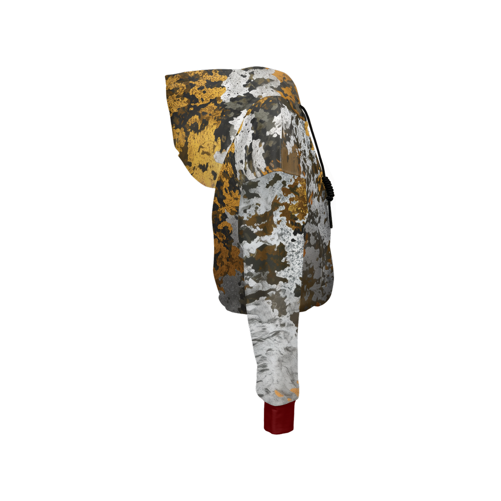 Gold, Silver & Bronze Camouflage Print Cropped Zip Hoodie With Dark Red Cuffs (Super Heavy)