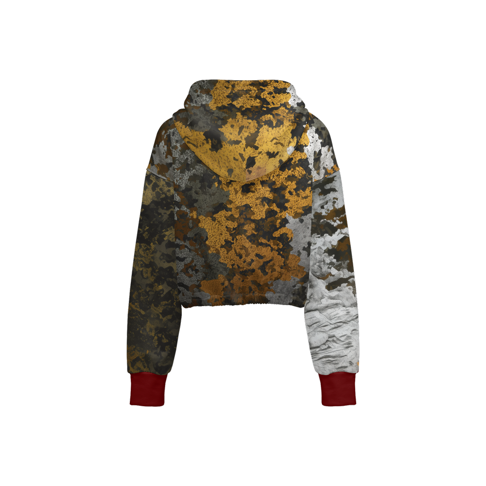 Gold, Silver & Bronze Camouflage Print Cropped Zip Hoodie With Dark Red Cuffs (Super Heavy)