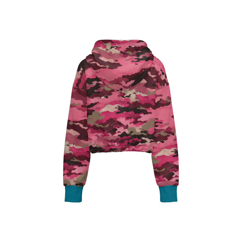 Pink Camouflage Cropped Zip Hoodie With Turquoise Blue Cuffs (Super Heavy)